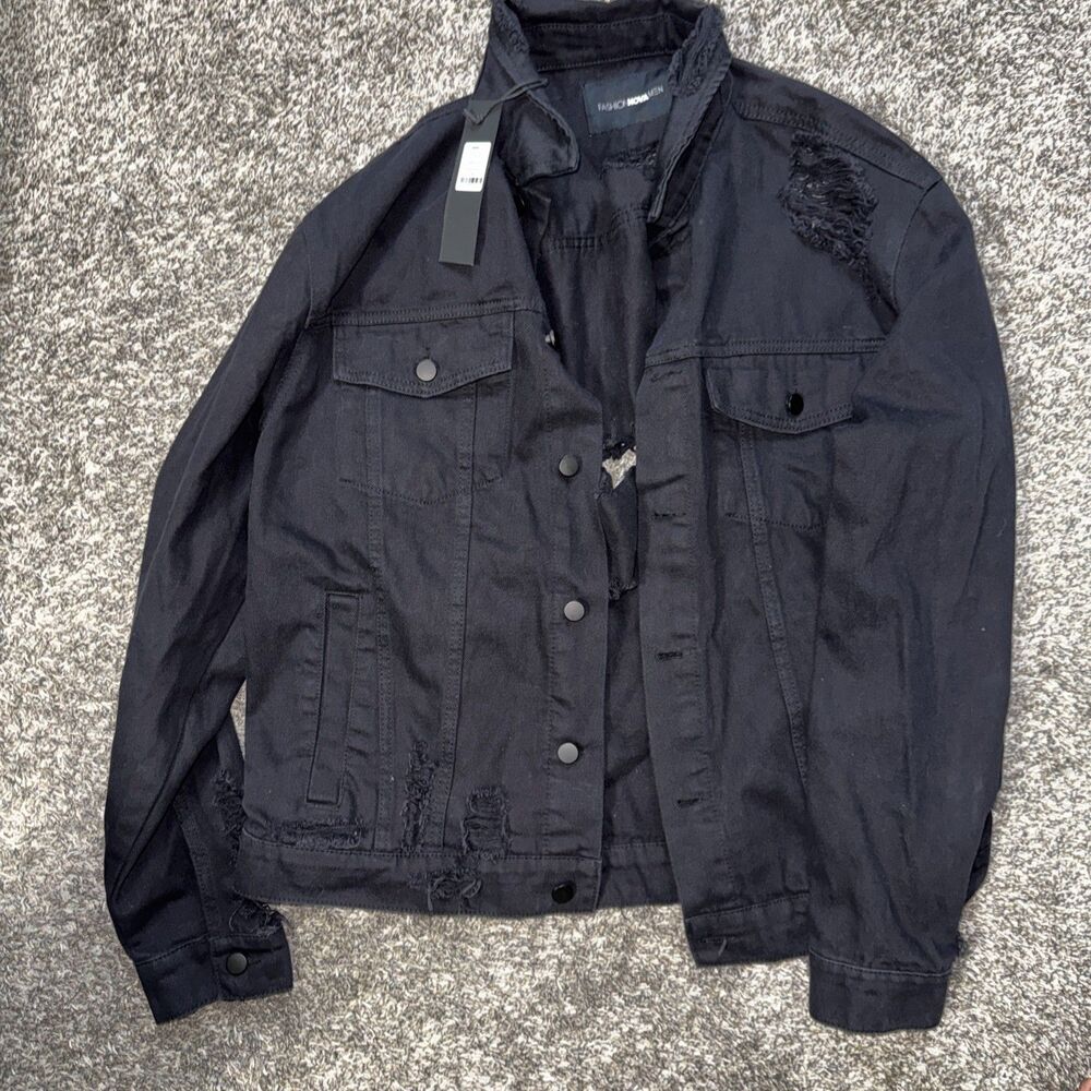 Fashion Nova Men’s Mason Denim Jacket Black Size X Large Distressed